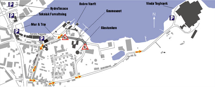 Kort - Hobro Havn fra centrum til Vindø - omkørsel